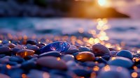 Smooth wet pebbles on beach at golden sunset with bokeh light reflections on water surface creating magical atmospheric nature background.
