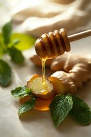 Golden honey dripping from wooden dipper onto fresh ginger root with vibrant mint leaves, creating warm atmospheric food composition on light background.