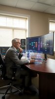Senior Caucasian businessman analyzing data on multiple monitors in modern office with holographic interface technology for business intelligence and analytics.