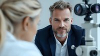 Mature male optometrist with gray hair and beard consulting female patient during eye examination using professional optical equipment in modern clinic.