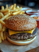 Juicy cheeseburger with melted cheese and sesame seed bun served with crispy french fries and dipping sauces on brown paper, close-up food photography.