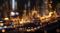 Glowing cityscape silhouette at night with bokeh light effects and illuminated skyscrapers creating magical urban atmosphere. Modern metropolis skyline view.