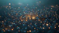 Glowing cityscape with illuminated skyscrapers at night, surrounded by magical bokeh lights and sparkles creating dreamy urban atmosphere. Suitable for background design.