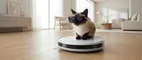 Siamese cat sitting on robotic vacuum cleaner in modern minimalist living room with wooden floors and white furniture for smart home automation concepts.
