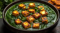 Grilled paneer cheese cubes in rich green spinach curry sauce served in dark ceramic bowl, traditional Indian palak paneer dish with aromatic spices.