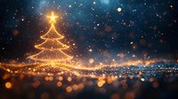 Glowing golden Christmas tree silhouette with magical sparkles and bokeh lights against dark blue starry night sky background creates festive holiday atmosphere.