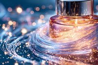 Luxury perfume bottle with swirling golden light trails and sparkling bokeh effects against blue background, creating magical cosmetic product photography.