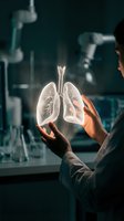 Medical professional examining glowing lung hologram in modern laboratory for respiratory health research and pulmonology education.