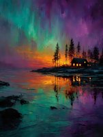 Northern lights illuminate night sky over lakeside cabin, colorful aurora borealis reflecting on water surface with silhouetted pine trees at sunset.