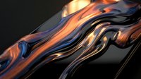 Abstract flowing liquid metal waves with copper and blue reflections creating dynamic motion patterns for modern design backgrounds.