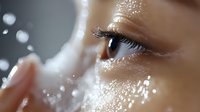 Close-up macro shot of blue eye with water drops and splashes on skin, showing natural beauty, freshness and purity in skincare and cosmetics advertising.