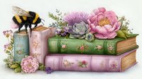 Vintage books with floral patterns stacked together, adorned with pink peonies, roses, and small wildflowers, featuring a detailed bumblebee near antique glass jar.