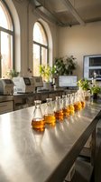 Modern laboratory with glass flasks containing amber liquid samples arranged on steel counter for scientific research and chemical analysis experiments.