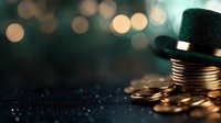 Stack of gold coins with small decorative green hat on dark background with bokeh lights, suggesting luck and prosperity for financial concepts and St Patrick's Day themes.