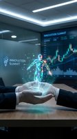 Businessman hands holding holographic human figure with data analytics in modern office with financial charts on screens for healthcare technology concepts.