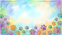 Colorful paw prints border a soft watercolor sky gradient background with pastel hues, perfect for pet-related designs, animal lover graphics, and veterinary marketing materials.
