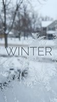 Frost crystal patterns on a frozen window with winter text overlay and snowy suburban scene in soft bokeh background.