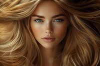 Close up portrait of young Caucasian woman with flowing blonde hair, blue eyes and natural makeup against dark background, wind effect in hair creates dynamic movement.