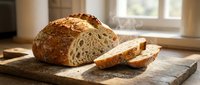Freshly baked artisan sourdough bread loaf sliced on wooden cutting board in warm sunlit kitchen. Homemade crusty bread with airy texture for bakery concepts.
