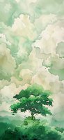 Serene watercolor landscape with lone green tree silhouette against misty background, featuring soft emerald and cream tones for wall art and design projects.