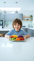 Happy young boy with curly hair enjoying colorful fresh vegetables on plate in modern kitchen. Healthy eating habits and nutrition for children concept.