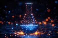 Magical laboratory flask with glowing blue liquid against dark background with orange and blue bokeh lights creating mystical scientific atmosphere.