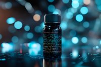 Dark glass bottle with holographic text effect against blurred turquoise bokeh background, creating futuristic medical or cosmetic product presentation.