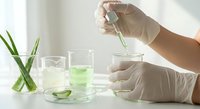 Laboratory scientist in white gloves conducting plant extract research with green samples in test tubes and beakers for natural cosmetics development.