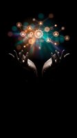Hands reaching toward glowing network of connected icons representing teamwork, collaboration and digital connectivity on dark background.