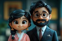 Cartoon portrait of South Asian father and daughter, man with beard and glasses in business suit, young girl in traditional dress with braided hair and earrings.