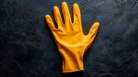Orange rubber glove on dark textured surface for cleaning, household chores, protection, safety equipment, janitorial work and maintenance tasks.