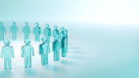 Business team leadership concept with turquoise human figures arranged in formation on gradient background for corporate presentations and teamwork materials.