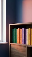 Colorful books arranged on wooden bookshelf with gradient wall background creating modern home library interior design for reading and education spaces.