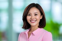 Young Asian businesswoman with bright smile wearing pink blouse against blurred office background, expressing confidence and professionalism in corporate environment.
