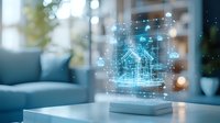 Futuristic holographic architectural blueprint projection from smartphone in modern living room interior with glowing blue technology icons.