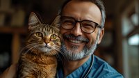 Mature bearded man in glasses smiling while holding his striped tabby cat. Close up portrait showing bond between pet owner and feline companion in warm indoor setting.