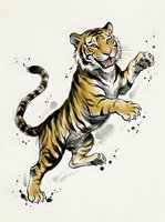 Playful tiger cub leaping with paw raised in dynamic pose, rendered in watercolor and ink with splatter effects on isolated background.