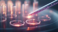 Laboratory pipette dropping pink liquid sample into petri dish for medical research and testing. Dramatic lighting creates scientific atmosphere.