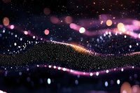 Abstract digital wave of glowing particles with bokeh lights effect on dark background, futuristic technology visualization in purple and gold tones.