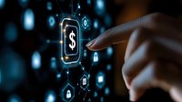 Hand touching digital dollar sign icon with financial technology interface and glowing network connections for mobile banking and fintech applications.