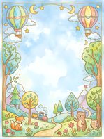 Whimsical woodland scene with hot air balloons, trees, and teddy bear on white background, ready for children's book illustrations, nursery decor, greeting cards, and design projects.
