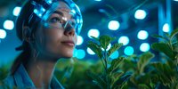 Young Asian female scientist in protective glasses examining plant growth in modern laboratory with blue LED grow lights, perfect for biotechnology and research concepts.