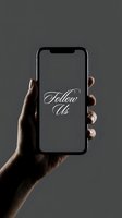 Dark-skinned hand holding a smartphone with Follow Us text on screen, elegant calligraphy style, moody dark background for social media marketing.