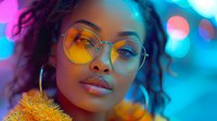 Young African American woman in round glasses illuminated by vibrant neon lights creating modern cyberpunk aesthetic perfect for beauty, fashion, and lifestyle advertising campaigns.