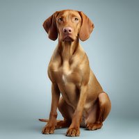 Portrait of attentive Vizsla dog with golden-rust coat sitting against blue-gray background, perfect for pet care advertising or veterinary services.