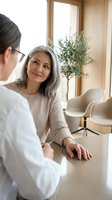 Mature Hispanic woman consulting with female doctor in modern medical office, discussing health concerns during professional healthcare appointment.