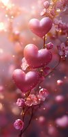 Pink hearts and cherry blossoms on blurred background with bokeh lights and sparkles create romantic atmosphere for Valentine's Day cards and love designs.