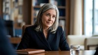 Mature woman with gray hair and Caucasian ethnicity wearing dark blazer, seated at desk in modern office setting with blurred background, suitable for corporate, business, leadership, and professional themes.