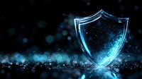 Glowing blue shield symbol on dark background with sparkles and bokeh effects represents digital security, data protection and cybersecurity concept.