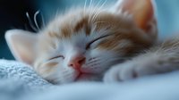 Sleeping ginger kitten close-up with soft focus. Sweet cat napping on cozy blanket showing peaceful expression and whiskers in gentle natural light.